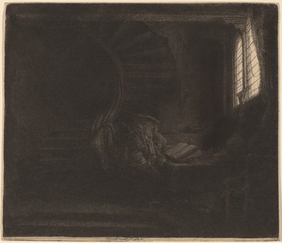 St. Hiëronymus in een donkere kamer door Rembrandt van Rijn