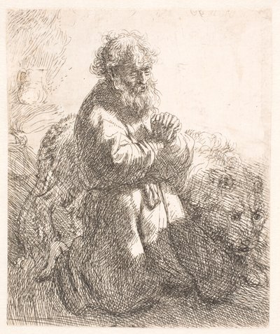 St. Hiëronymus knielend in gebed, naar beneden kijkend door Rembrandt van Rijn