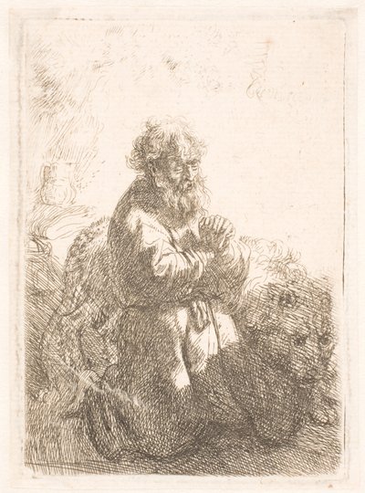 St. Hiëronymus knielend in gebed, naar beneden kijkend door Rembrandt van Rijn