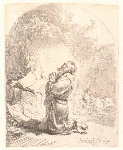 St. Jerome biddend: gebogen prent door Rembrandt van Rijn