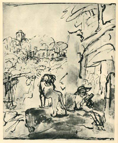 Sint Hiëronymus lezend in een landschap door Rembrandt van Rijn