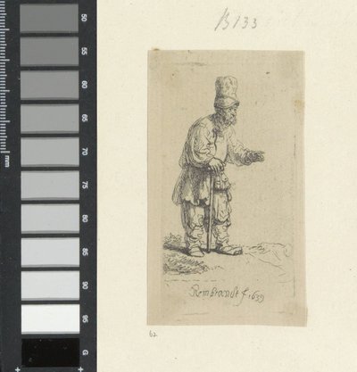 Staande boer met hoog hoofddeksel, leunend op een stok door Rembrandt van Rijn