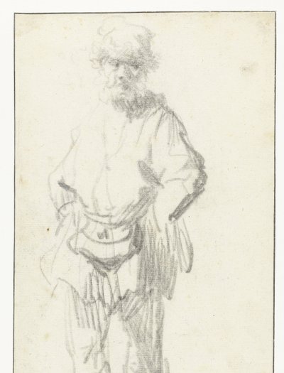 Staande man met een buidel door Rembrandt van Rijn