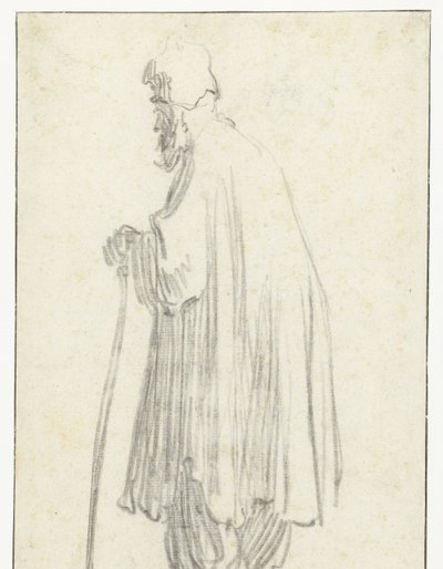 Staande man met een stok, naar links door Rembrandt van Rijn