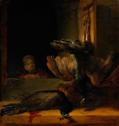Stilleven met twee pauwen en een meisje, ca. 1639 door Rembrandt van Rijn