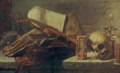 Stilleven met boeken, viool, doodshoofd en zandloper door Rembrandt van Rijn