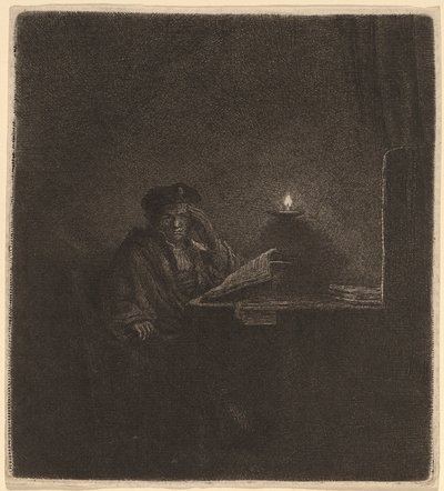 Student aan een tafel bij kaarslicht door Rembrandt van Rijn