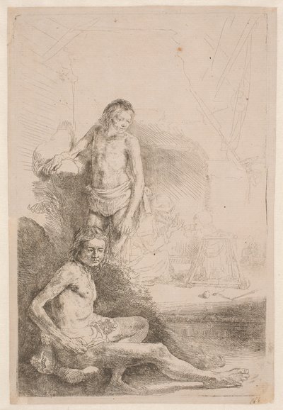 Naaktstudies: een zittende man en een staande man, met op de achtergrond een vrouw en een baby, subtiel geschetst door Rembrandt van Rijn