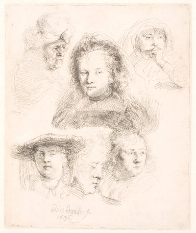 Studies van het hoofd van Saskia en anderen door Rembrandt van Rijn