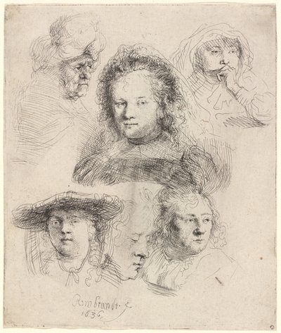 Studies van het Hoofd van Saskia en Anderen door Rembrandt van Rijn