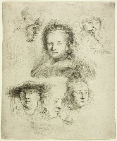 Studies van het hoofd van Saskia en anderen door Rembrandt van Rijn