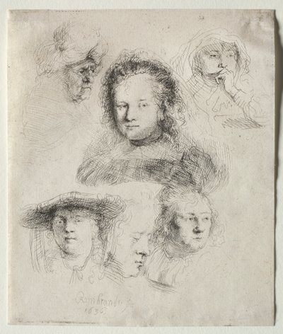 Studies van het Hoofd van Saskia en Anderen door Rembrandt van Rijn