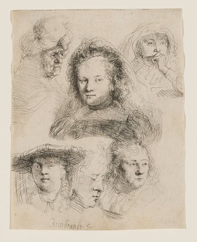 Studies naar het hoofd van Saskia en andere figuren door Rembrandt van Rijn
