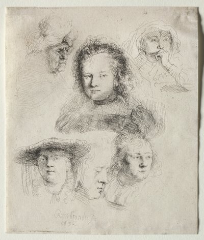 Studies van het hoofd van Saskia en anderen, 1636 door Rembrandt van Rijn