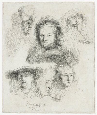 Studies van het hoofd van Saskia en anderen door Rembrandt van Rijn