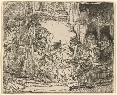 De aanbidding van de herders: met de lamp door Rembrandt van Rijn