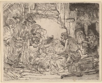 De Aanbidding der Herders: met de Lamp door Rembrandt van Rijn