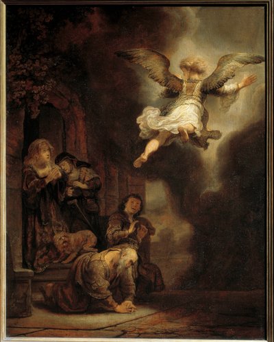 De aartsengel Gabriël verlaat de familie van Tobias door Rembrandt van Rijn