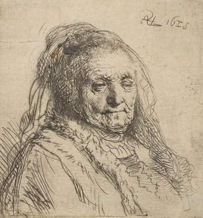 De moeder van de kunstenaar: Hoofd en buste, driekwart rechts, 1628 door Rembrandt van Rijn