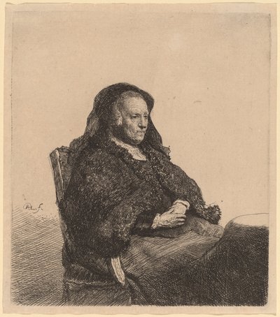 De moeder van de kunstenaar zittend aan een tafel, naar rechts kijkend door Rembrandt van Rijn