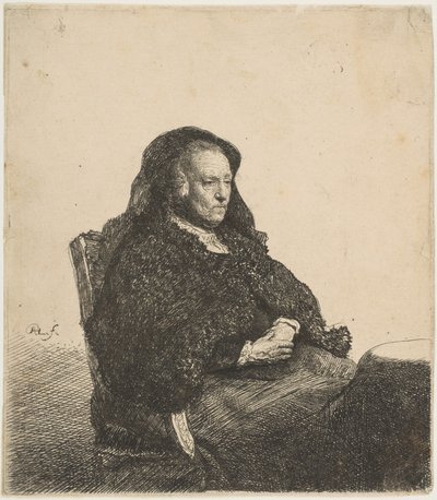 De Moeder van de Kunstenaar Zittend aan een Tafel, Kijkt Rechts: Driekwart Lengte door Rembrandt van Rijn