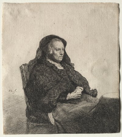 De Moeder van de Kunstenaar Zittend aan een Tafel, Kijkt Rechts: Driekwart Lengte door Rembrandt van Rijn