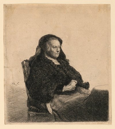 De Moeder van de Kunstenaar Zittend aan een Tafel, Kijkt Rechts: Driekwart Lengte door Rembrandt van Rijn
