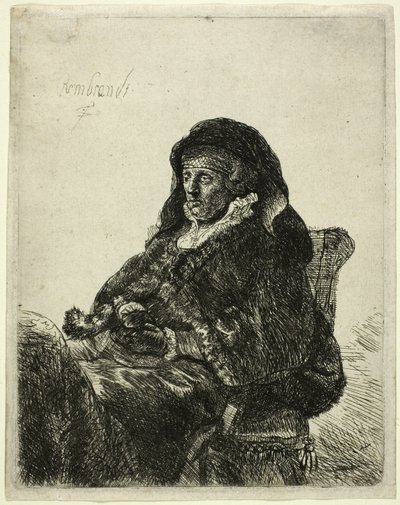 De moeder van de kunstenaar zit aan een tafel en kijkt naar rechts: Driekwart lengte door Rembrandt van Rijn