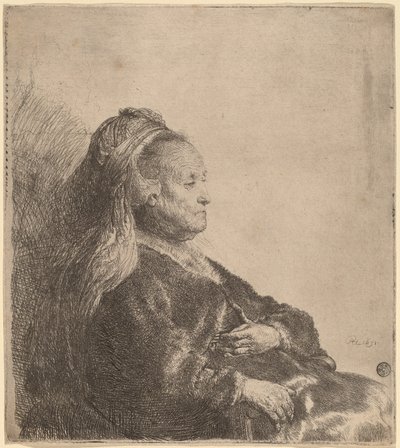 De moeder van de kunstenaar zittend, in een oosterse hoofdband door Rembrandt van Rijn