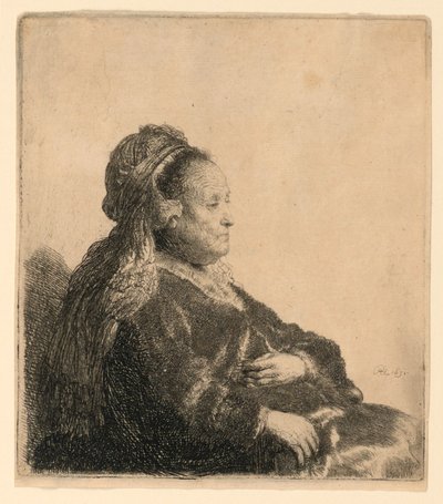 De moeder van de kunstenaar zittend, in een oosterse hoofdband: Halflengte door Rembrandt van Rijn