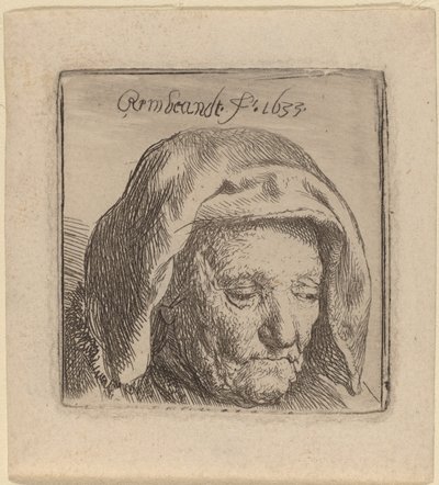 De Moeder van de Kunstenaar in een Stoffen Hoofddoek, Neerkijkend door Rembrandt van Rijn