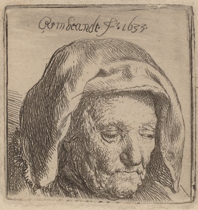 De moeder van de kunstenaar in een stoffen hoofddoek, naar beneden kijkend door Rembrandt van Rijn