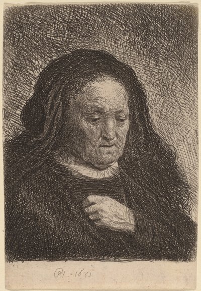 De moeder van de kunstenaar met haar hand op haar borst door Rembrandt van Rijn