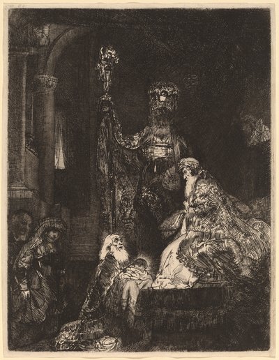 De presentatie in de tempel in de donkere stijl door Rembrandt van Rijn