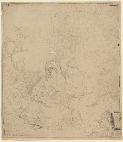 De rust tijdens de vlucht naar Egypte: licht geëtst door Rembrandt van Rijn