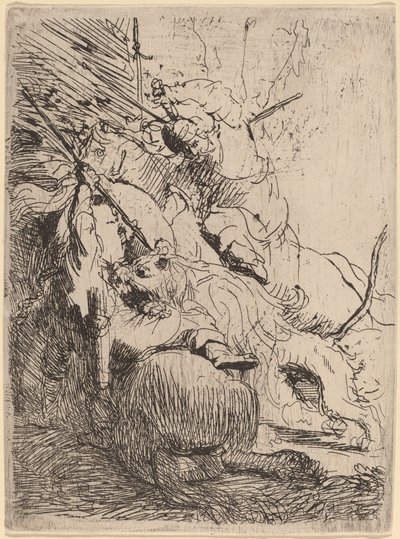 De kleine leeuwenjacht (met één leeuw) door Rembrandt van Rijn