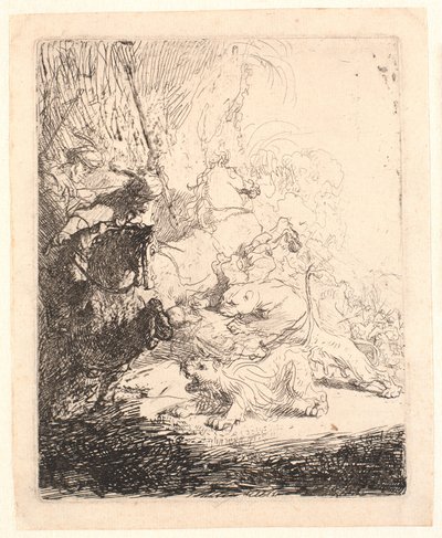 De kleine leeuwenjacht (met twee leeuwen) door Rembrandt van Rijn