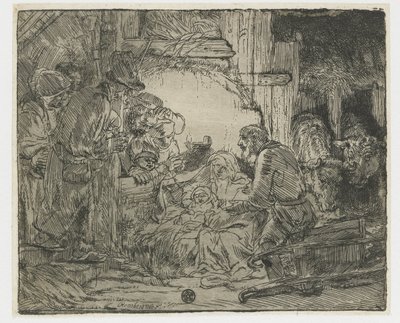 De aanbidding van de herders: met de lamp door Rembrandt van Rijn