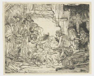 De aanbidding van de herders: met de lamp door Rembrandt van Rijn