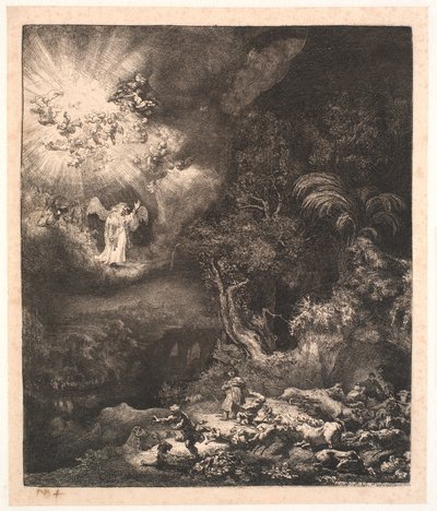 De engel verschijnt aan de herders door Rembrandt van Rijn