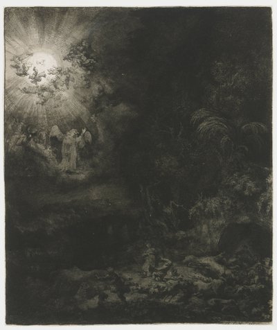 De engel verschijnt aan de herders door Rembrandt van Rijn