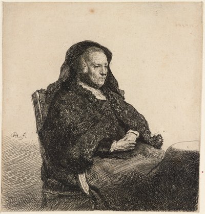 De moeder van de kunstenaar zittend aan een tafel, ca. 1631 door Rembrandt van Rijn