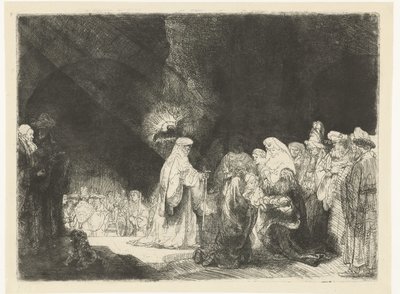 De presentatie in de tempel: langwerpige prent door Rembrandt van Rijn