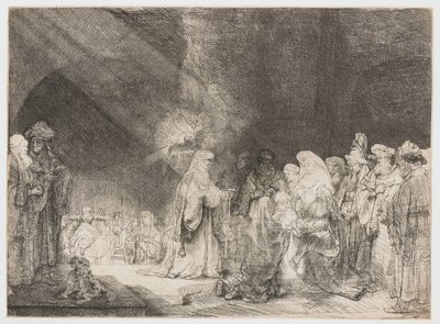 De presentatie in de tempel: langwerpige prent door Rembrandt van Rijn