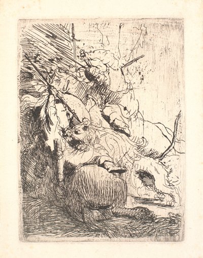 De kleine leeuwenjacht (met één leeuw) door Rembrandt van Rijn