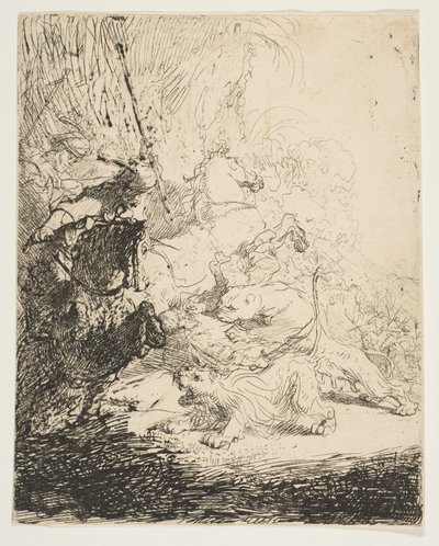 De kleine leeuwenjacht, met twee leeuwen door Rembrandt van Rijn