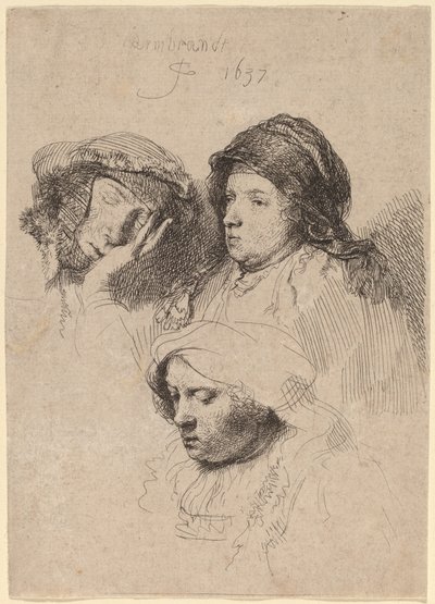 Drie Hoofden van Vrouwen, Eén Slapend door Rembrandt van Rijn