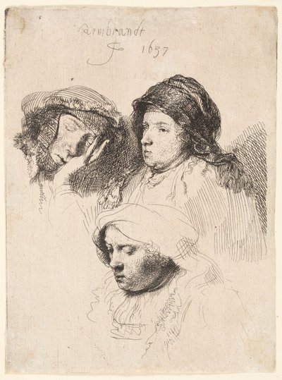 Drie hoofden van vrouwen, een slapend door Rembrandt van Rijn
