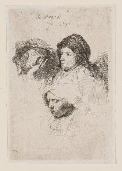 Drie vrouwenhoofden, waarvan één slaapt door Rembrandt van Rijn