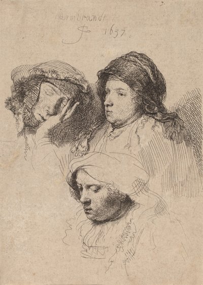 Drie Hoofden van Vrouwen, Eén Slapend door Rembrandt van Rijn